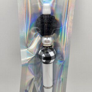 White Beaded Pen w/ Crocheted & Plaid Bead / Spare Ink Cartridge - Handmade